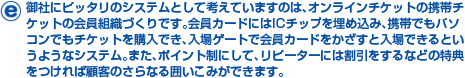 御社にピッタリのシステムとして考えていますのは、オンラインチケットの携帯チケットの会員組織づくりです。会員カードにはICチップを埋め込み、携帯でもパソコンでもチケットを購入でき、入場ゲートで会員カードをかざすと入場できるというようなシステム。また、ポイント制にして、リピーターには割引をするなどの特典をつければ顧客のさらなる囲いこみができます。